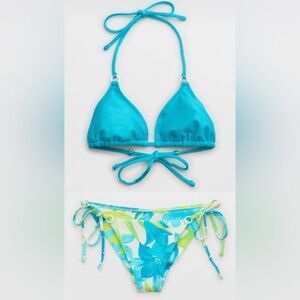 NWT Aerie FULL SET Shine Rib String Triangle Top + Cheekiest Tie Bottom Tropical